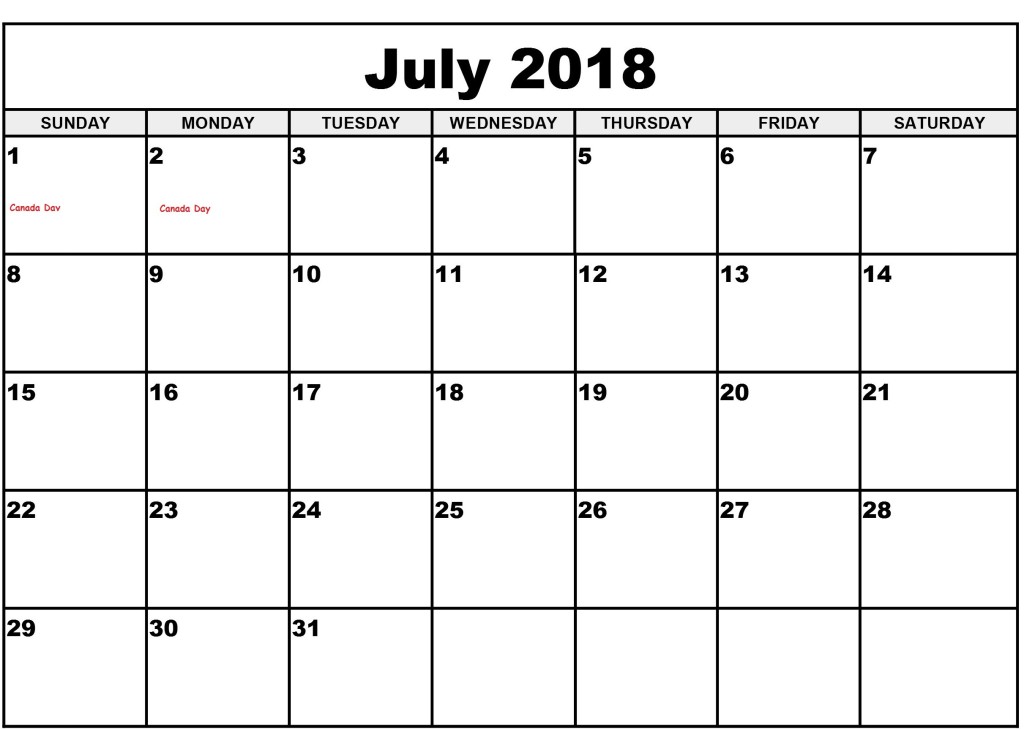 July 2018 Blank Calendar 2